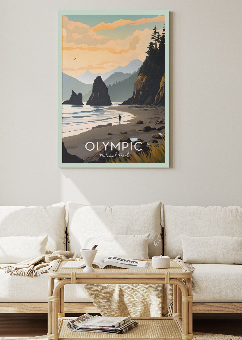 Olympic National Park Poster & Canvas Print – Illustrated Coastal Sunset Wall Art