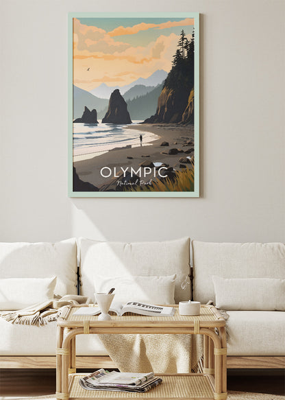 Olympic National Park Poster & Canvas Print – Illustrated Coastal Sunset Wall Art
