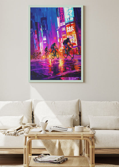 Neon Rain Sprint Cycling Art Print & Canvas – Midnight City Breakaway