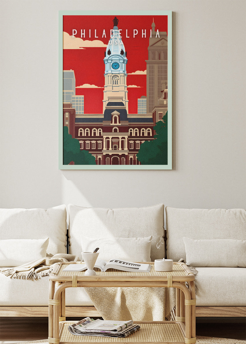 Philadelphia USA Poster & Canvas Print – City Hall Landmark Illustration Wall Art
