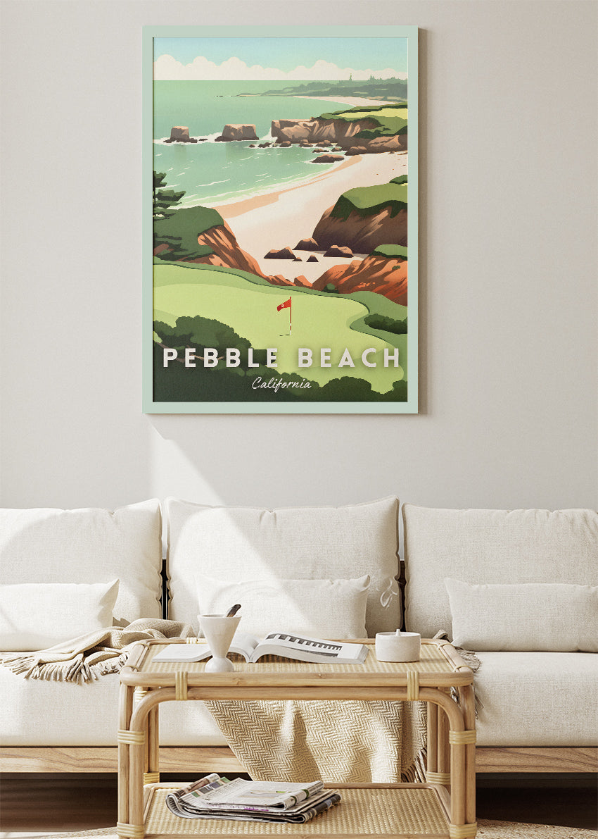 Pebble Beach California Poster & Canvas Print – Illustrated Coastal Golf Course Wall Art