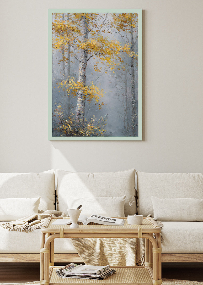 Misty Golden Birch Forest Wall Art – Elegant Autumn Woodland Canvas Print | Serene Nature Portrait Poster