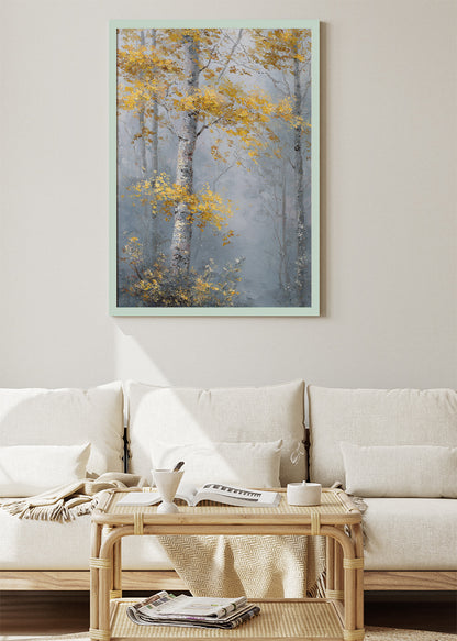 Misty Golden Birch Forest Wall Art – Elegant Autumn Woodland Canvas Print | Serene Nature Portrait Poster