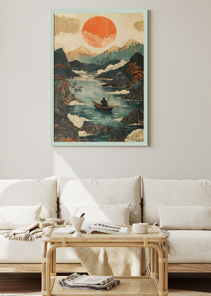 Silent River Journey – Japanese-Inspired Mountain Sunset Canvas & Poster Print – AI PRINT LAB