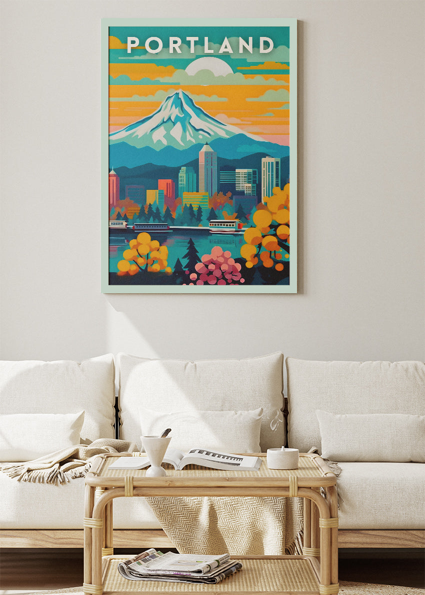 Portland Oregon Poster & Canvas Print – Mount Hood Skyline Illustration Wall Art