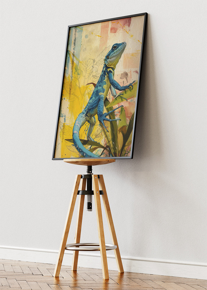 Blue Lizard Poster & Canvas Print – Colorful Botanical Reptile Art