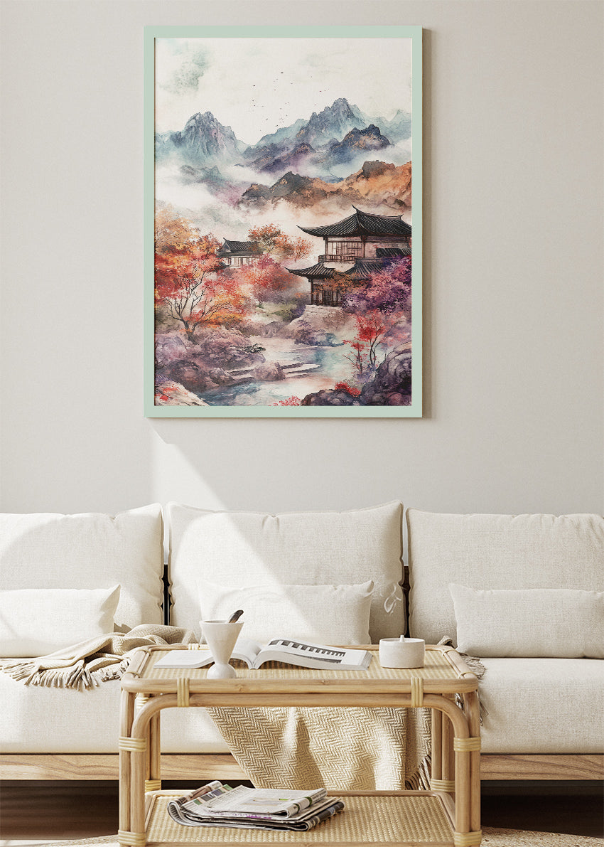 Misty Autumn Temple – Oriental Mountain Landscape Canvas & Poster Print – AI PRINT LAB