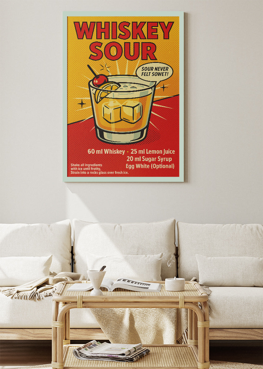 Whiskey Sour Vintage Cocktail Poster & Canvas Print | Retro Bar Wall Art