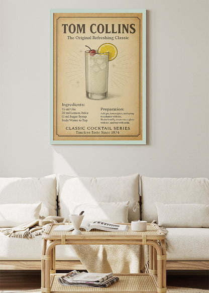 Tom Collins Classic Cocktail Poster & Canvas Print – Vintage Gin Drink Wall Art – AI PRINT LAB