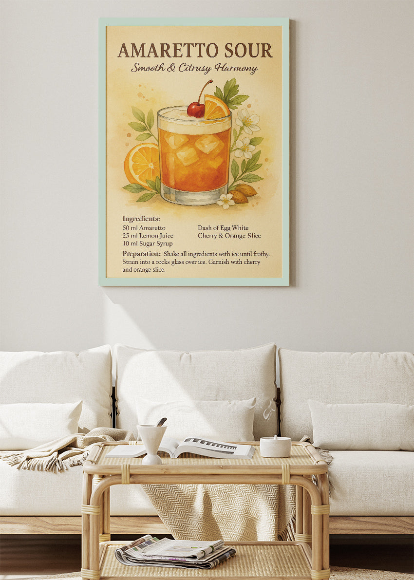 Amaretto Sour Botanical Recipe Poster & Canvas Print | Vintage Cocktail Wall Art
