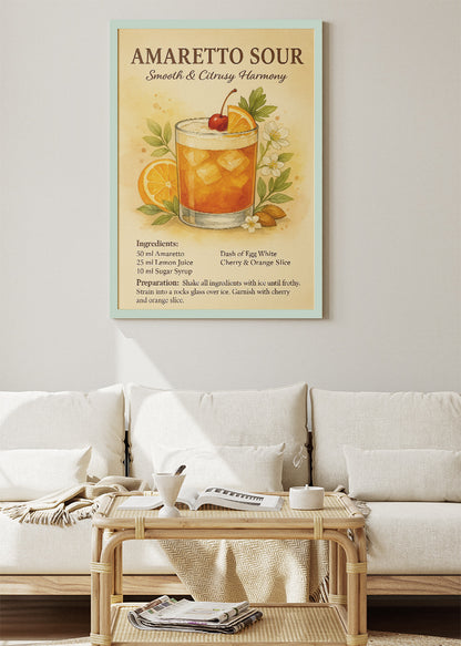 Amaretto Sour Botanical Recipe Poster & Canvas Print | Vintage Cocktail Wall Art