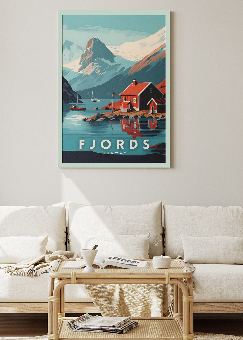 Fjords Norway Poster & Canvas Print – Illustrated Nordic Cabin Mountain Art