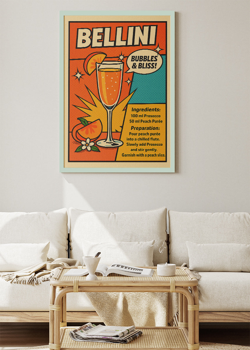 Bellini Pop Art Cocktail Poster & Canvas Print | Retro Bubbles Bar Wall Art