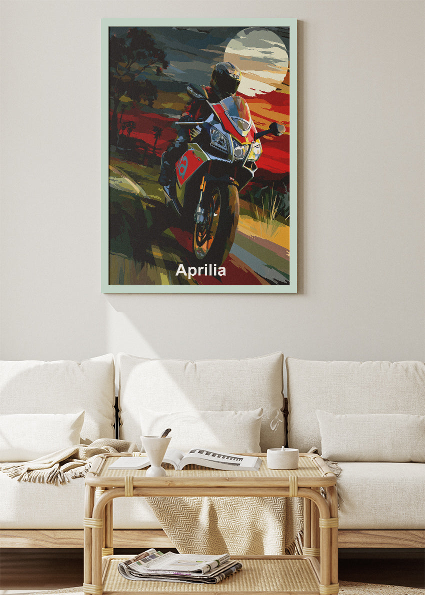 Aprilia Motorcycle Sunset Wall Art Poster & Canvas – Cinematic Sport Bike Artwork