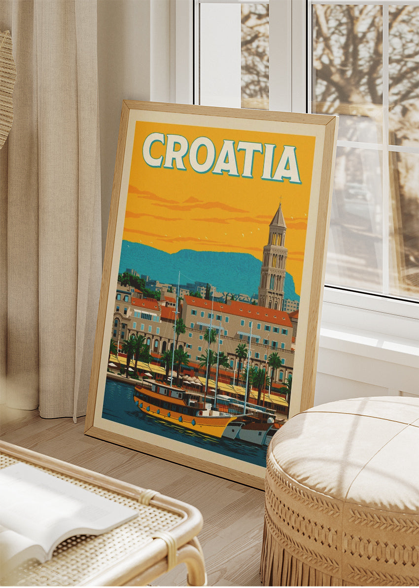 Croatia Travel Poster & Canvas Print – Split Harbour Retro Illustration Wall Art