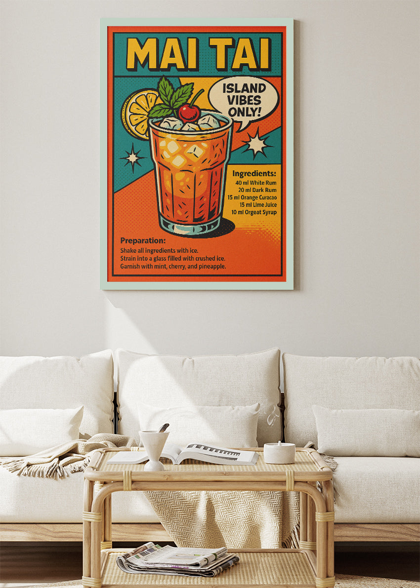 Mai Tai Pop Art Cocktail Recipe Poster & Canvas Print | Retro Comic Bar Wall Art