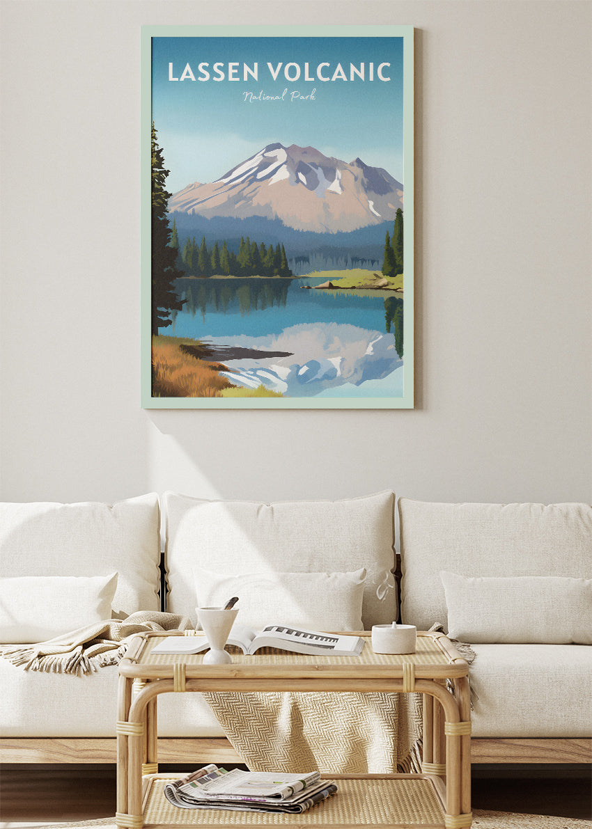 Lassen Volcanic National Park Poster & Canvas Print – Mountain Lake Landscape Illustration Wall Art