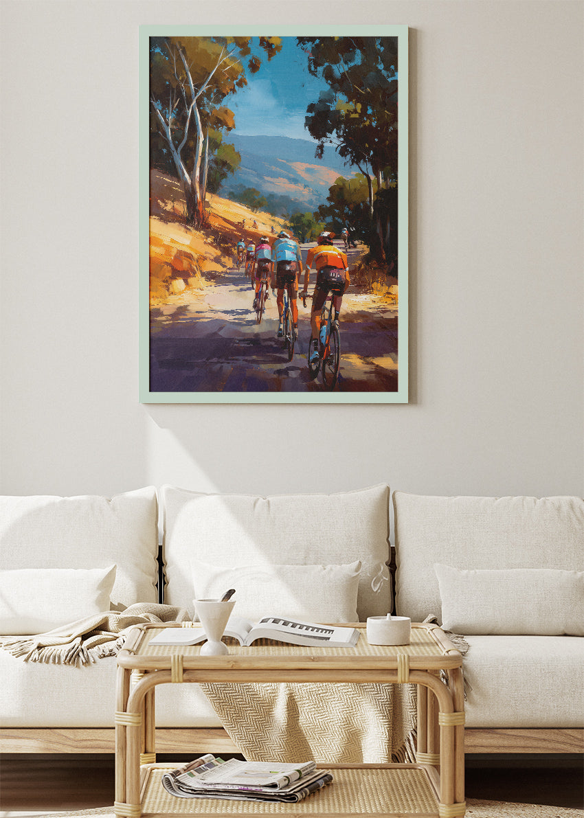Scenic Road Cycling Art Print & Canvas – Group Cyclists Landscape Wall Art