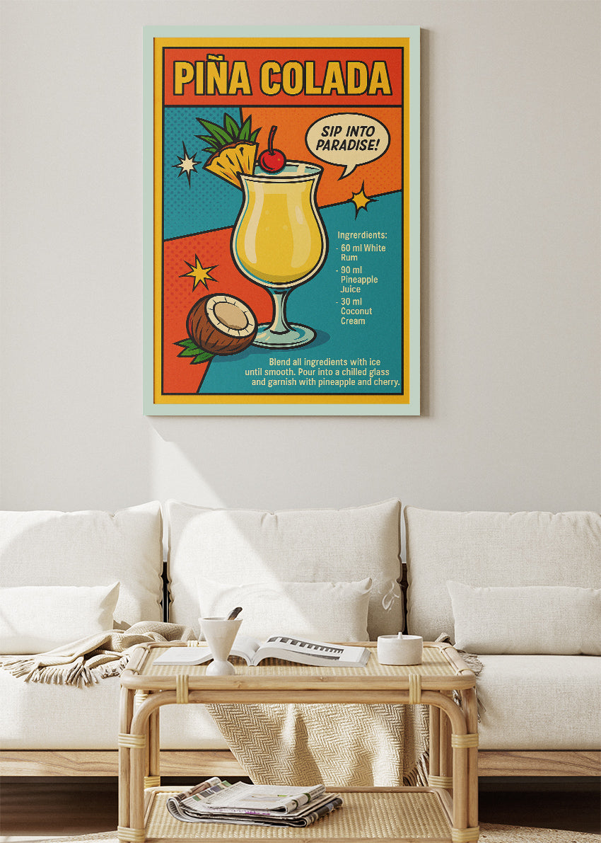 Piña Colada Pop Art Recipe Poster & Canvas Print | Retro Tropical Cocktail Wall Art