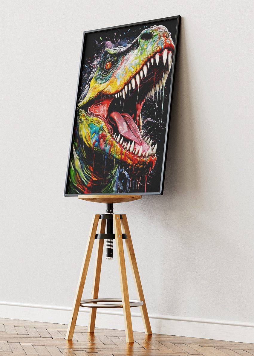 Colorful T-Rex Dinosaur Poster & Canvas Print – Splash Art Jurassic Wall Decor