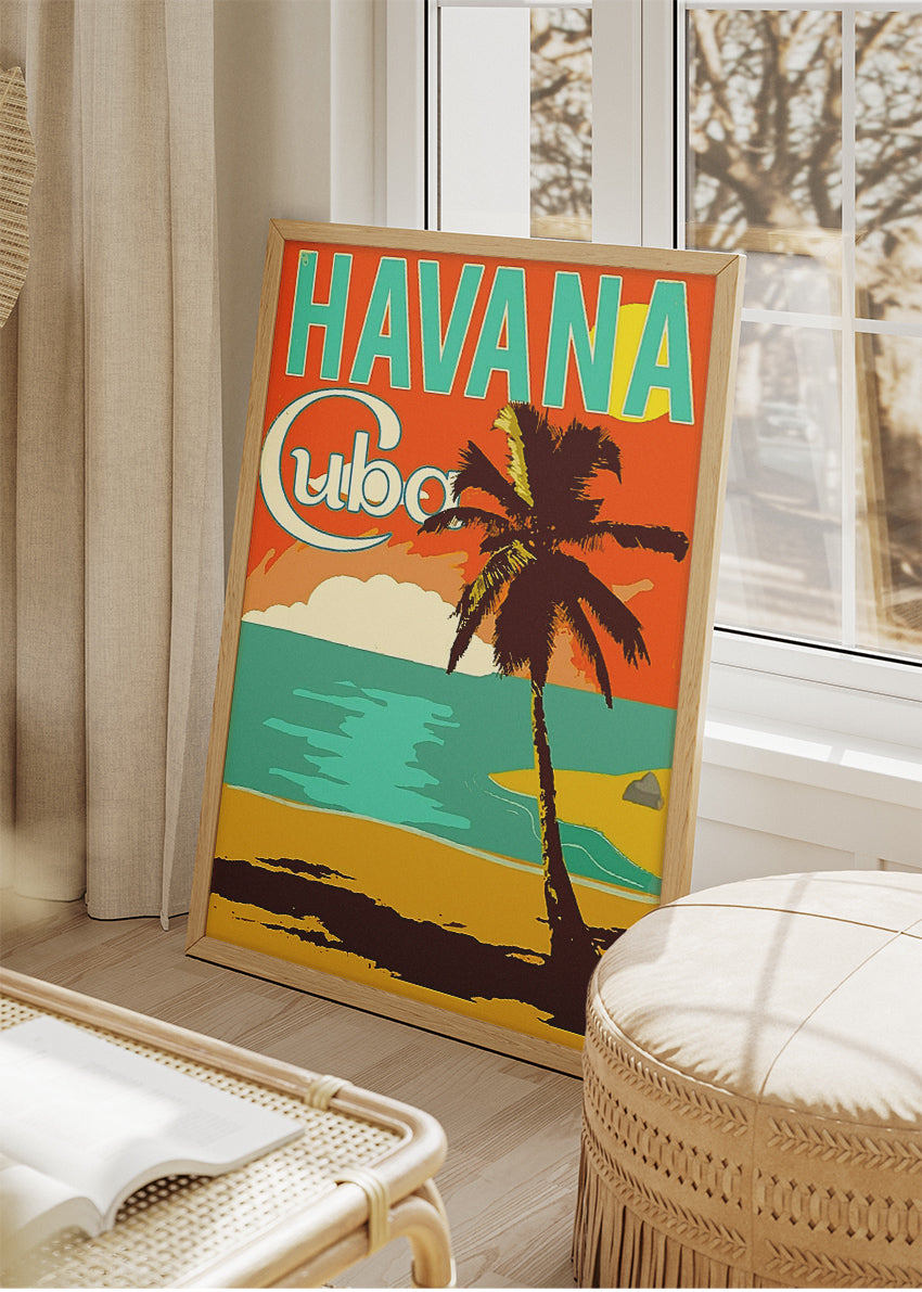 Havana Cuba Retro Beach Poster & Canvas Print – Vintage Palm Tree Tropical Art