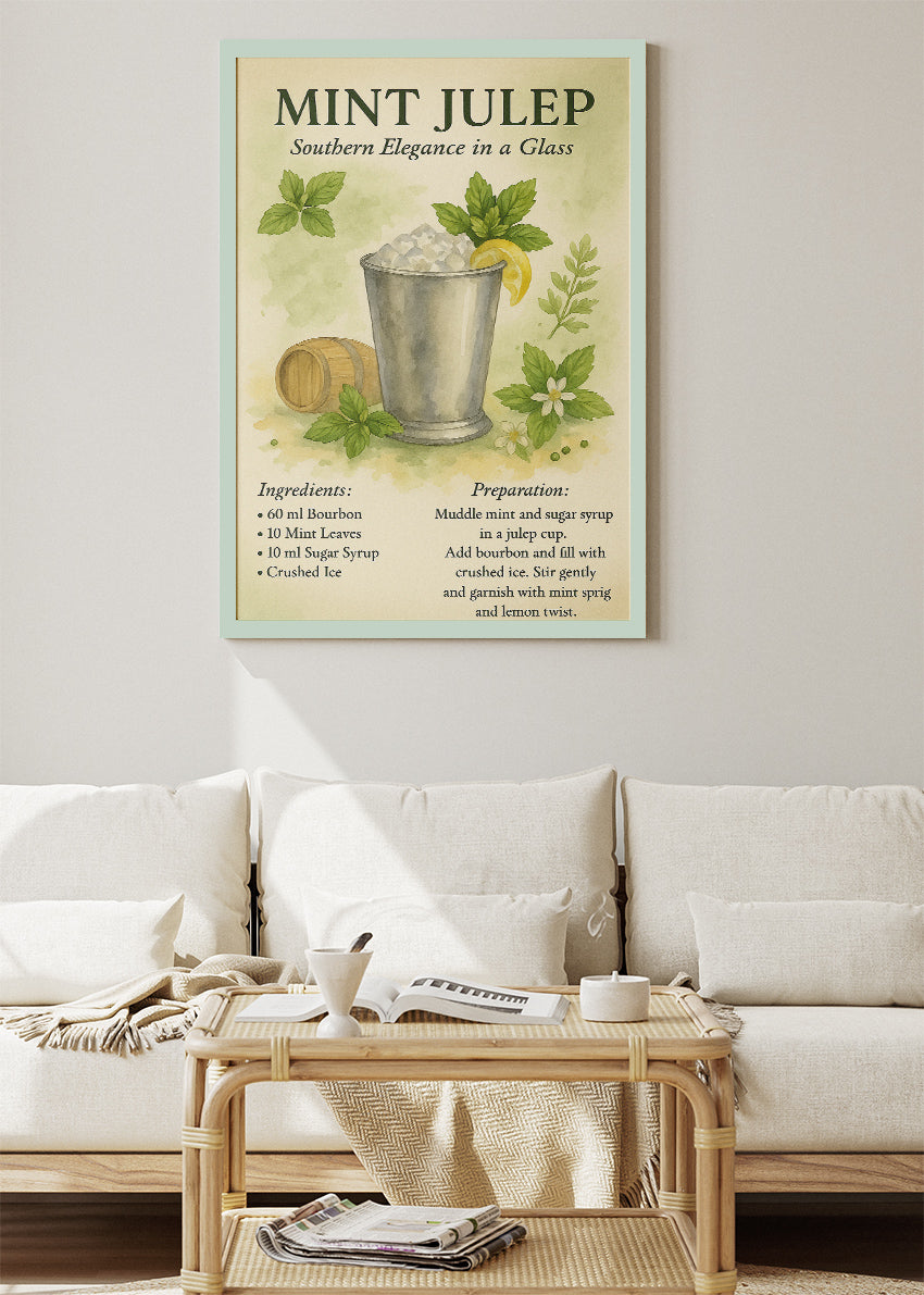 Mint Julep Watercolor Cocktail Recipe Poster & Canvas Print | Elegant Southern Bar Wall Art