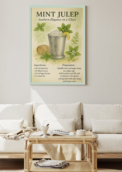 Mint Julep Watercolor Cocktail Recipe Poster & Canvas Print | Elegant Southern Bar Wall Art