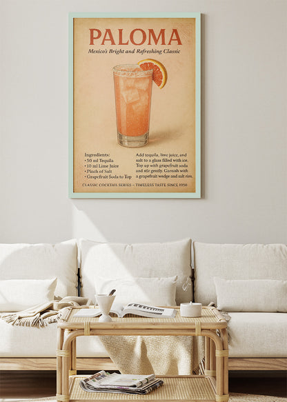 Paloma Cocktail Poster & Canvas Print | Vintage Tequila Grapefruit Wall Art