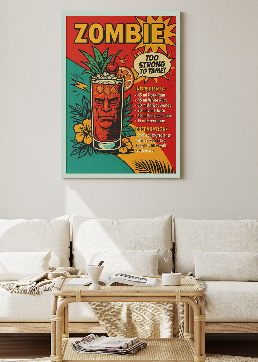 Zombie Retro Tiki Cocktail Poster & Canvas Print | Bold Tropical Bar Wall Art