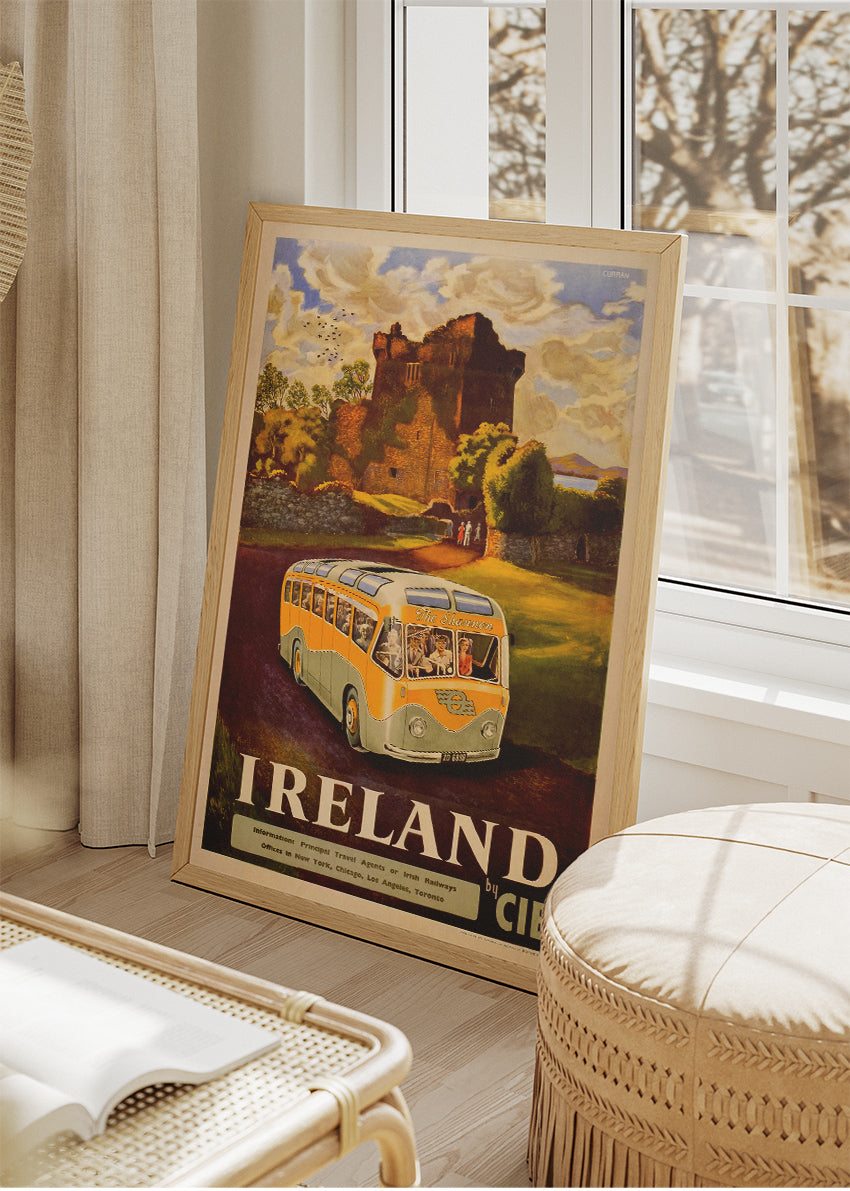 Ireland Vintage Castle & Bus Poster – Retro County Clare Travel Art Print