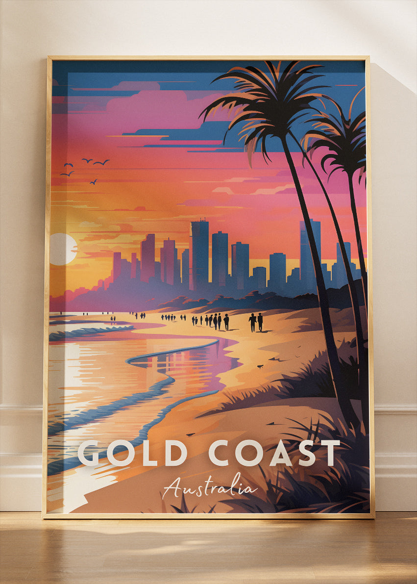 Gold Coast Australia Travel Poster & Canvas Wall Art – Sunset Beach Skyline Print – AIPRINTLAB