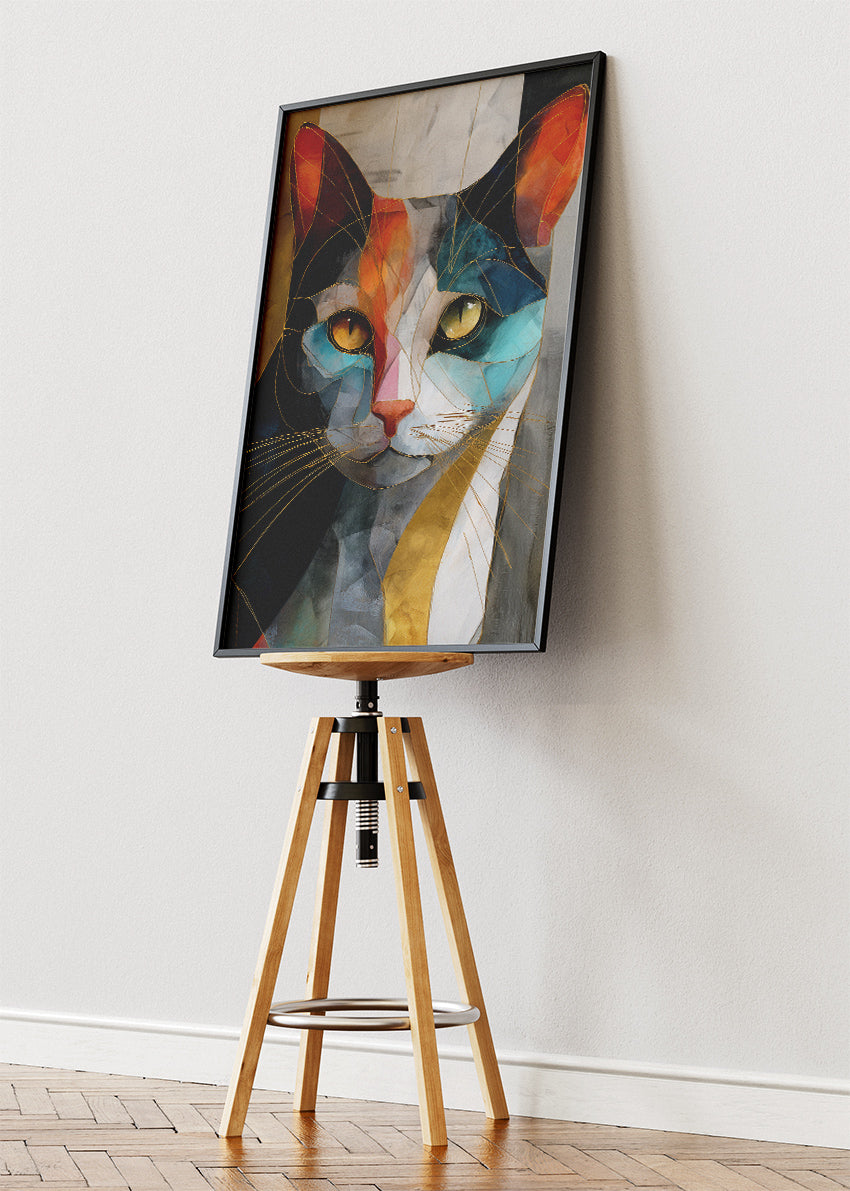Abstract Cat Canvas Print & Poster – Luxury Geometric Wall Art with Gold Accents – AI PRINT LAB