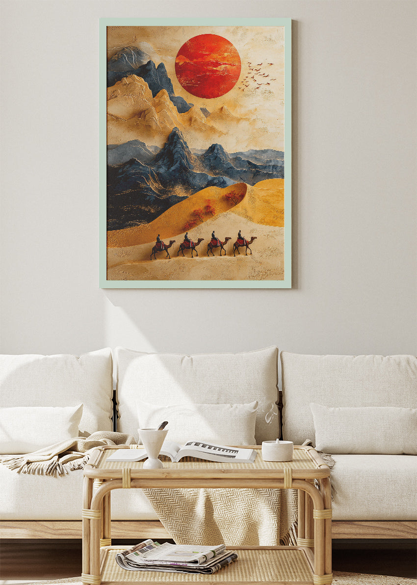 Golden Desert Caravan – Oriental Mountain Sunset Canvas & Poster Print – AI PRINT LAB