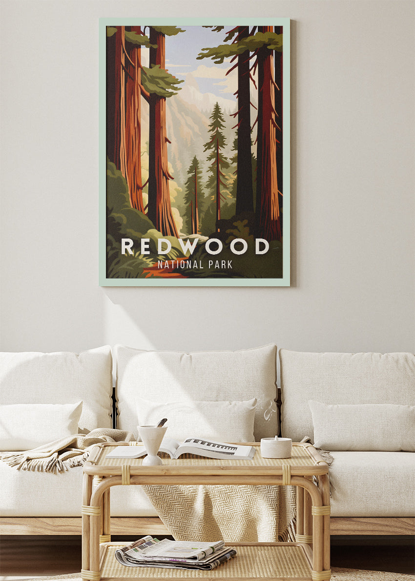 Redwood National Park Poster & Canvas Print – Illustrated California Forest Wall Art