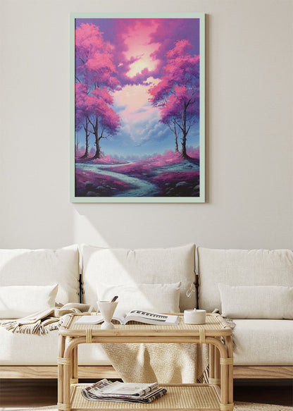 Pink Blossom Dreamscape – Fantasy Forest Path Canvas & Poster Print – AI PRINT LAB
