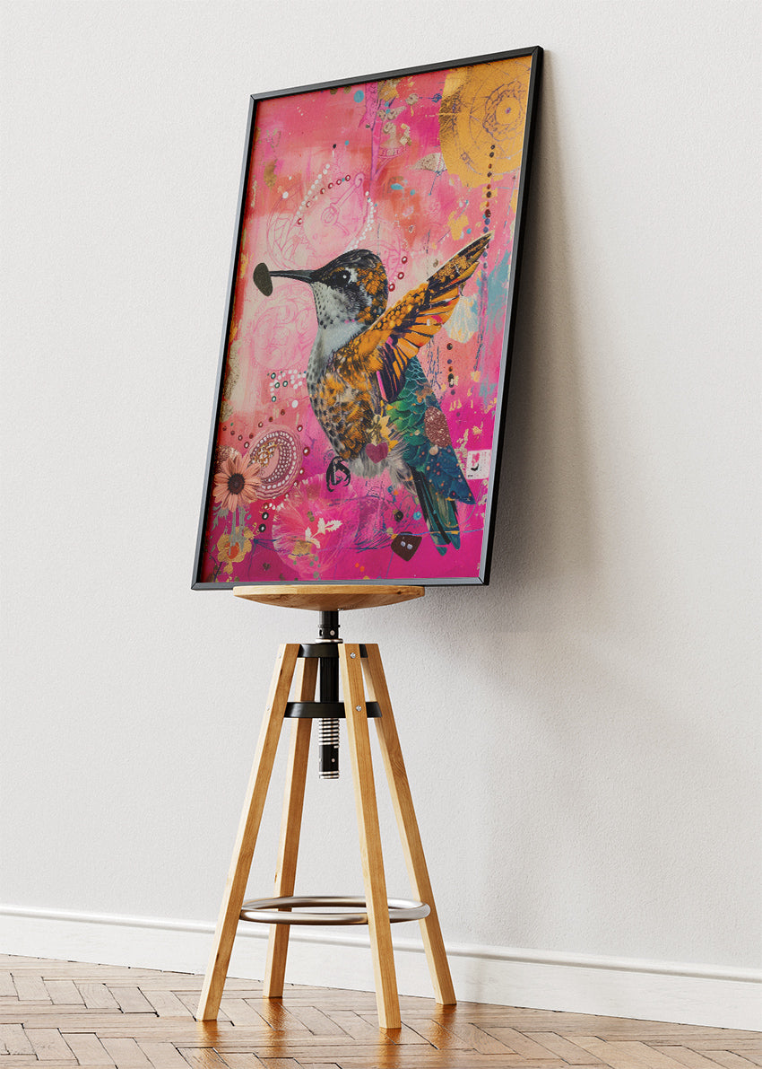 Colorful Hummingbird Poster & Canvas Print – Pink Collage Floral Art