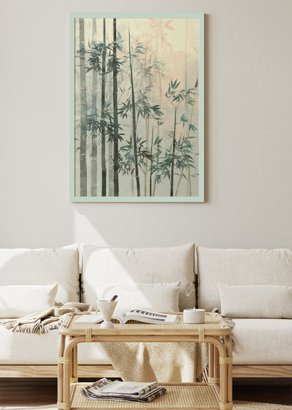 Misty Bamboo Forest Wall Art – Soft Green Zen Canvas Print | Japandi Nature Portrait Poster