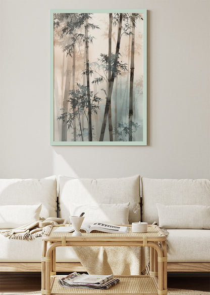 Misty Neutral Bamboo Wall Art – Soft Beige & Blue Zen Canvas Print | Minimalist Forest Portrait Poster
