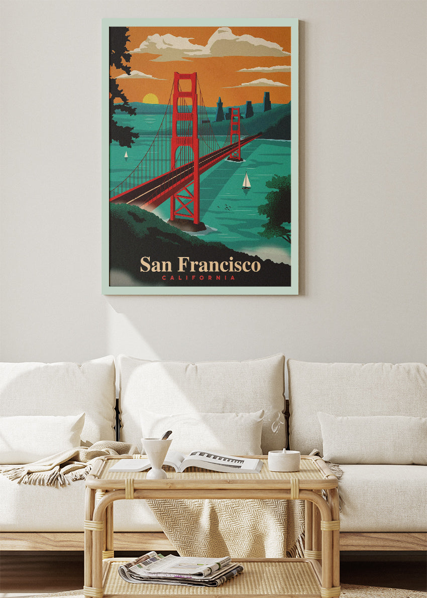 San Francisco California Poster & Canvas Print – Golden Gate Bridge Sunset Illustration Wall Art