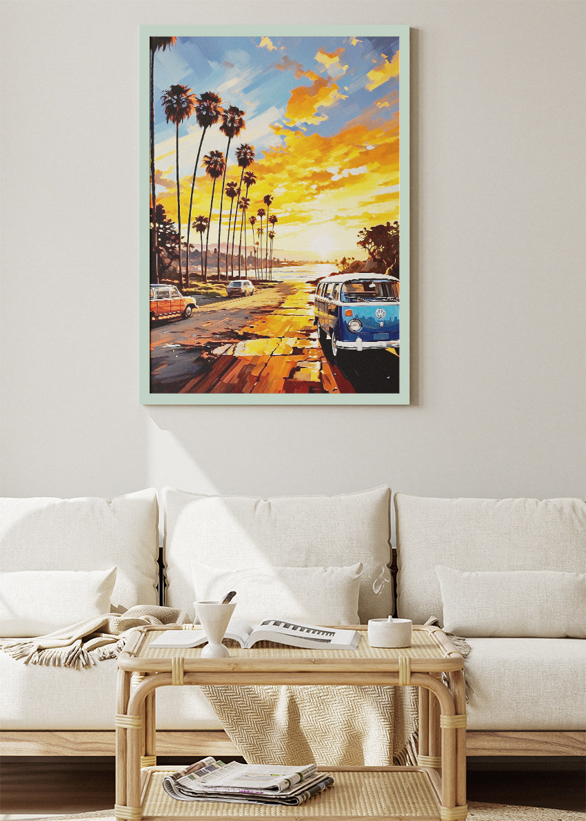 Golden Coast Road – Vintage Sunset Van Canvas & Poster Print – AI PRINT LAB