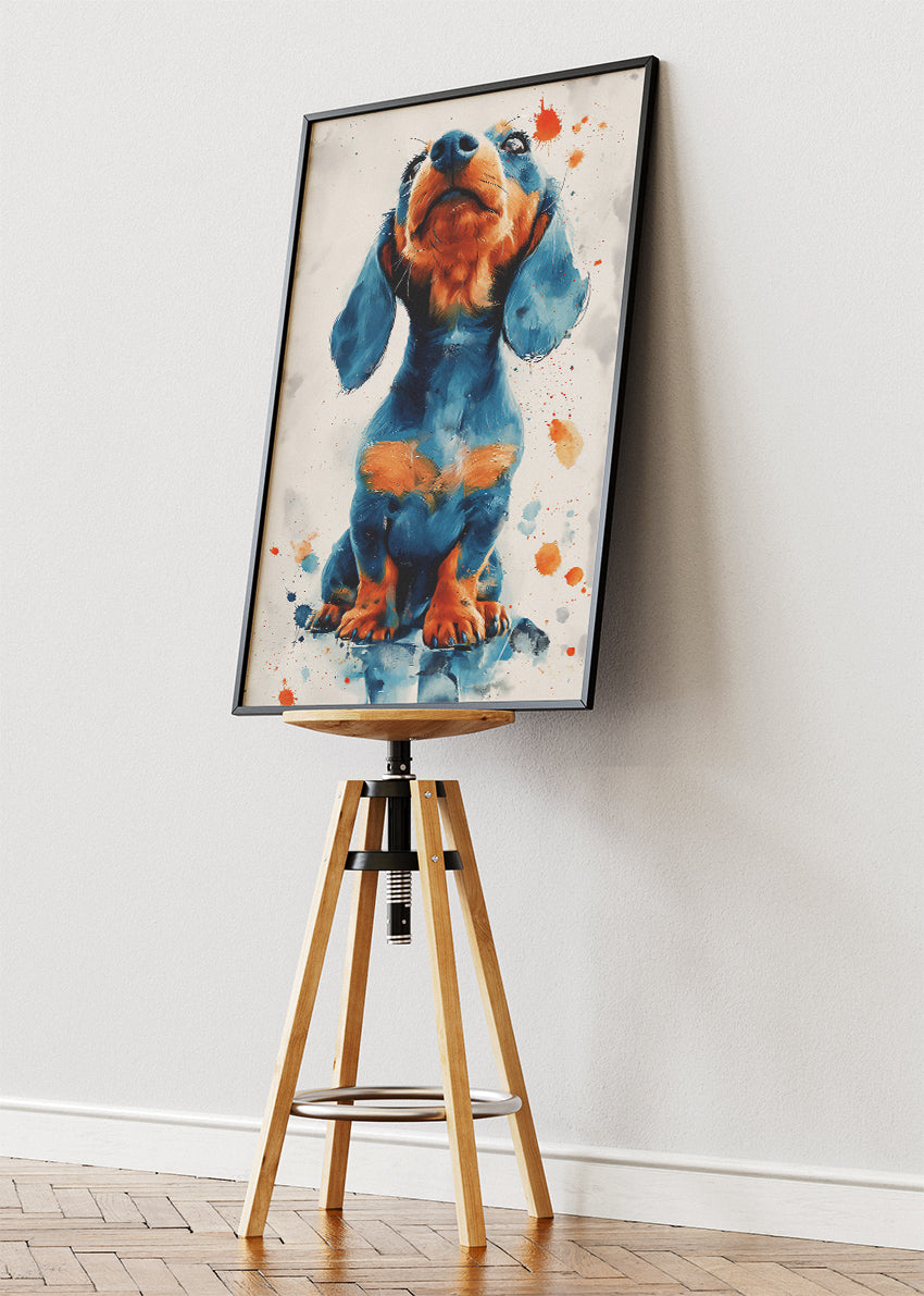 Dachshund Dog Poster & Canvas Print – Blue & Orange Splash Art Puppy Illustration