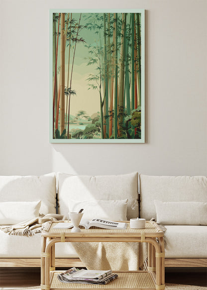 Serene Bamboo Landscape Wall Art – Soft Green Forest Canvas Print | Japandi Nature Portrait Poster