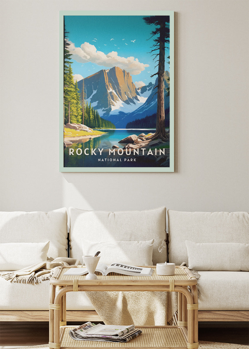 Rocky Mountain National Park Poster & Canvas Print – Illustrated Colorado Mountain Lake Wall Art
