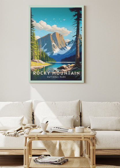 Rocky Mountain National Park Poster & Canvas Print – Illustrated Colorado Mountain Lake Wall Art