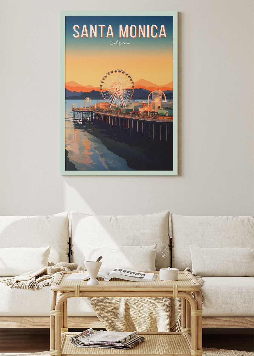 Santa Monica California Poster & Canvas Print – Sunset Pier and Ferris Wheel Illustrated Wall Art