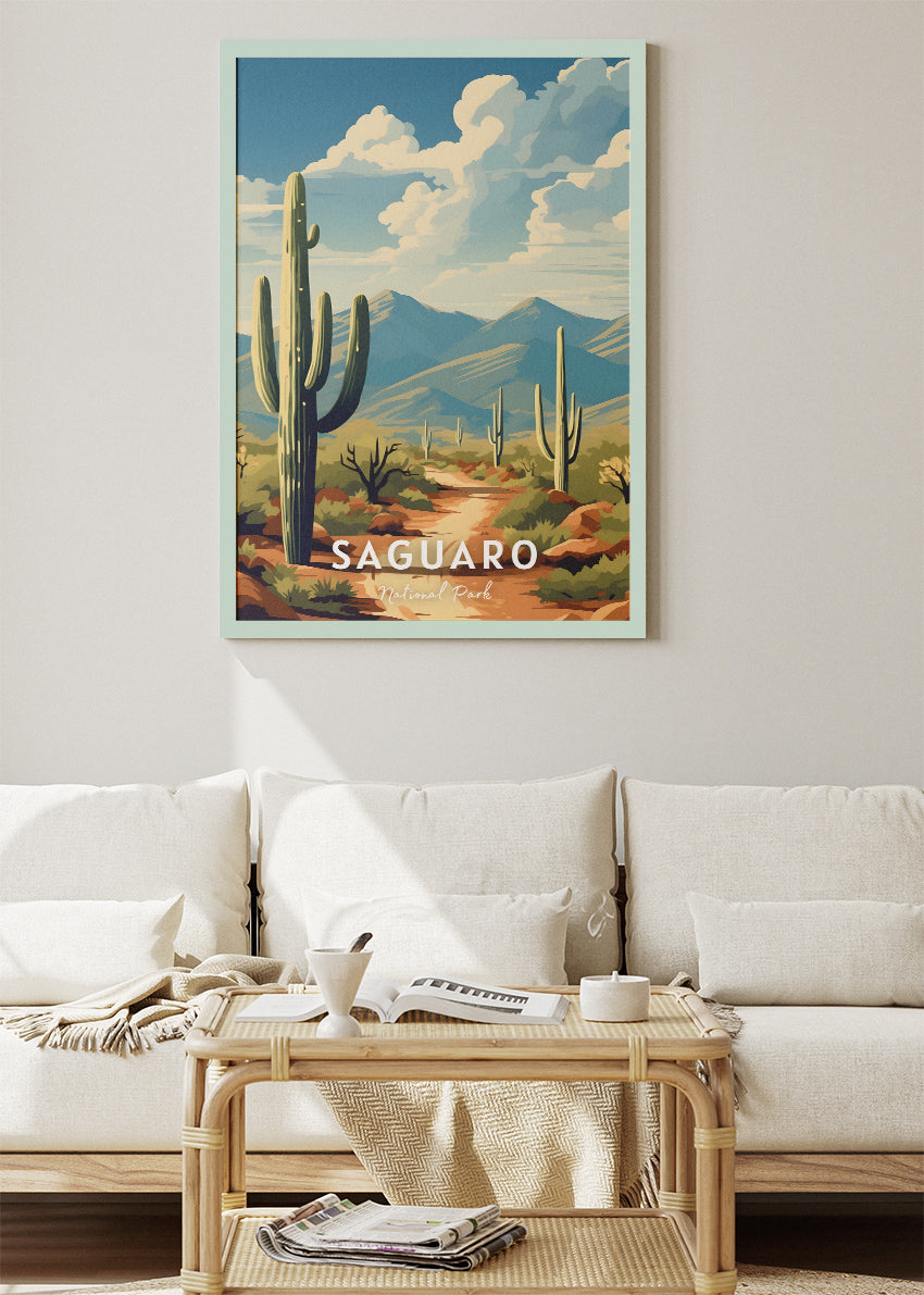 Saguaro National Park Poster & Canvas Print – Illustrated Desert Cactus Landscape Wall Art