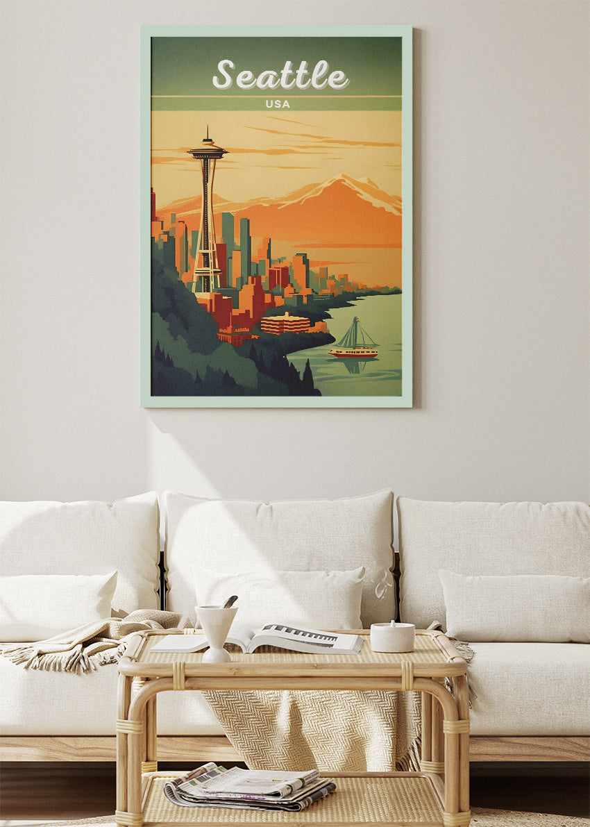 Seattle USA Poster & Canvas Print – Space Needle Skyline Illustrated Wall Art