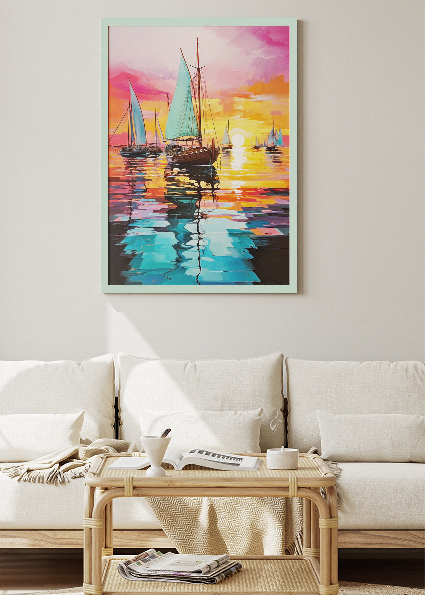 Sunset Sail Reflections – Vibrant Ocean Canvas & Poster Print – AI PRINT LAB