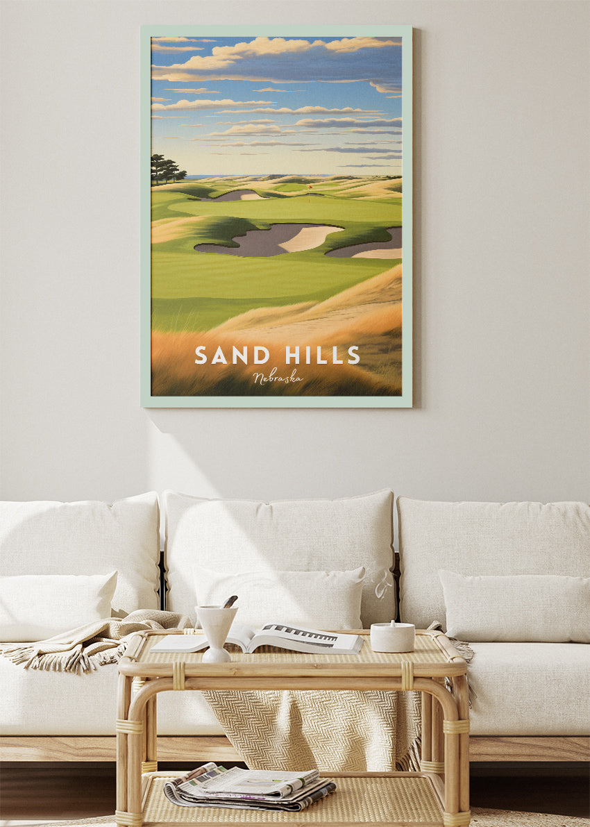 Sand Hills Nebraska Golf Poster & Canvas Print – Illustrated Golf Course Landscape Wall Art