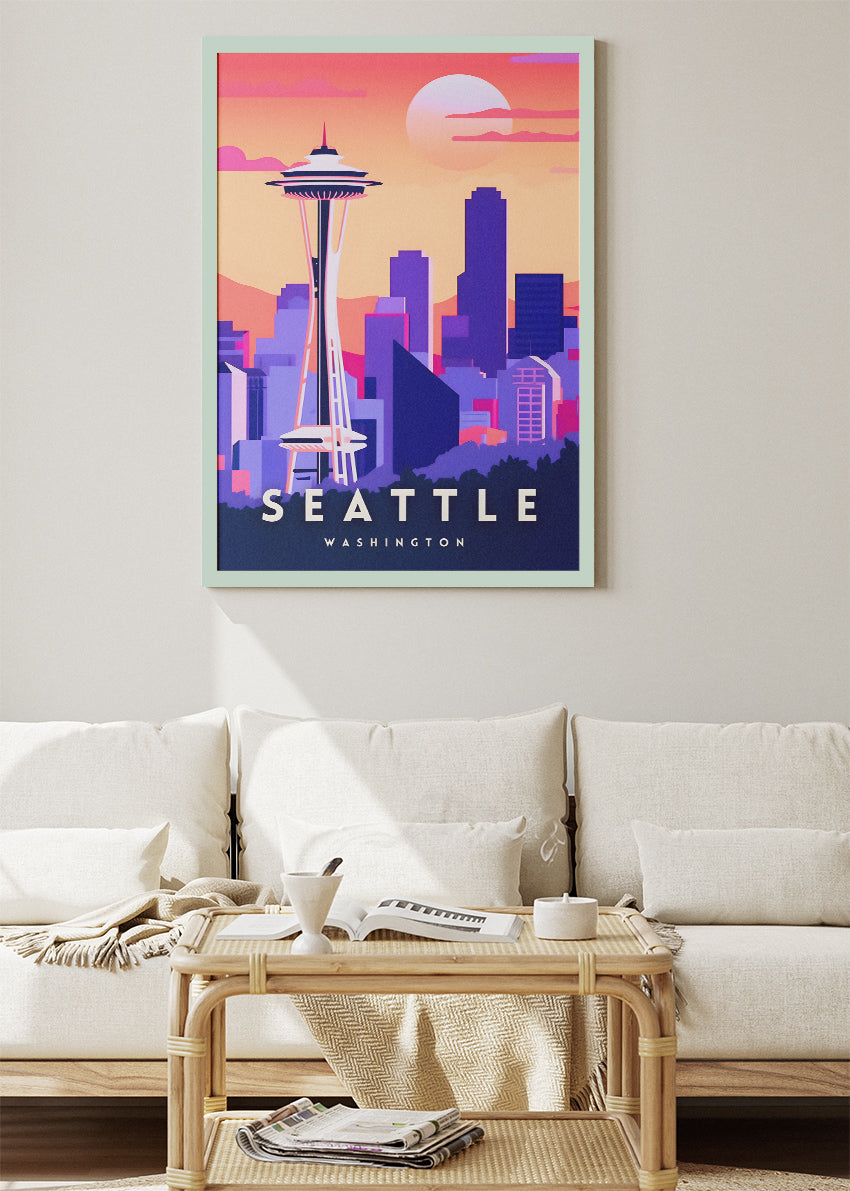 Seattle Washington Poster & Canvas Print – Space Needle Sunset Skyline Wall Art